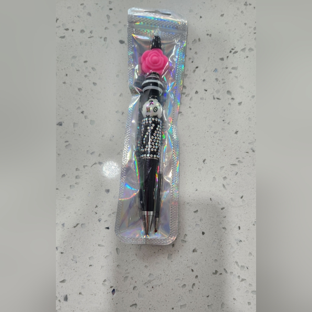 Bling Pen Fashion - Black & Pink Crystal Pen with Rose Topper